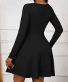 Kadın Uzun Kollu Kare Yakalı Mini Ithal Krep Elbise