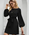 Kadın Uzun Kollu Kayık Yaka Belden Kuşaklı Kısa Ithal Krep Elbise