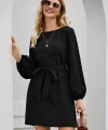 Kadın Uzun Kollu Kayık Yaka Belden Kuşaklı Kısa Ithal Krep Elbise