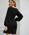 Kadın Uzun Kollu Kayık Yaka Belden Kuşaklı Kısa Ithal Krep Elbise