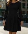 Kadın Uzun Kollu Kayık Yaka Kısa Triko Elbise