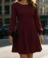 Kadın Uzun Kollu Kayık Yaka Kısa Triko Elbise