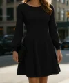 Kadın Uzun Kollu Kayık Yaka Kısa Triko Elbise