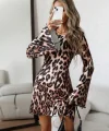 Kadın Uzun Kollu Kayık Yaka Leopar Baskılı Mini Elbise
