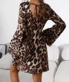Kadın Uzun Kollu Kayık Yaka Leopar Baskılı Mini Elbise