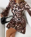 Kadın Uzun Kollu Kayık Yaka Leopar Baskılı Mini Elbise