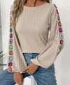 Kadın Uzun Kollu Kayık Yaka şardonlu Kaşkorse Bej Bluz