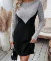 Kadın Uzun Kollu Kayık Yakalı çift Renk Mini Triko Elbise