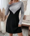 Kadın Uzun Kollu Kayık Yakalı çift Renk Mini Triko Elbise