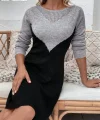 Kadın Uzun Kollu Kayık Yakalı çift Renk Mini Triko Elbise