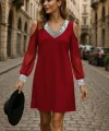 Kadın Uzun Kollu Kollar Tül V Yakalı Mini Janjan Krep Elbise