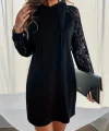 Kadın Uzun Kollu Kolları Dantel Detaylı Kapşonlu Bağcıklı Kısa Viskon Iki Iplik Elbise