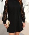 Kadın Uzun Kollu Kolları Dantel Detaylı Kapşonlu Bağcıklı Kısa Viskon Iki Iplik Elbise