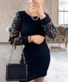 Kadın Uzun Kollu Kolları Payet Bisiklet Yaka Kısa Kaşkorse Elbise