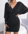 Kadın Uzun Kollu Kruvaze Geniş Yakalı Mini Triko Elbise