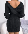 Kadın Uzun Kollu Kruvaze Geniş Yakalı Mini Triko Elbise