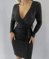 Kadın Uzun Kollu Kruvaze Yaka Bağcık Detay Akrilik Mini Boy Elbise