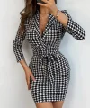 Kadın Uzun Kollu Kruvaze Yaka Bağlamalı Kemer Dalgıç Mini Boy Elbise