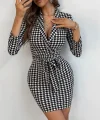 Kadın Uzun Kollu Kruvaze Yaka Bağlamalı Kemer Dalgıç Mini Boy Elbise
