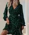 Kadın Uzun Kollu Kruvaze Yaka Beden Kuşaklı çapraz Kesim Detaylı Leopar Modal Mini Elbise