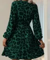 Kadın Uzun Kollu Kruvaze Yaka Beden Kuşaklı çapraz Kesim Detaylı Leopar Modal Mini Elbise