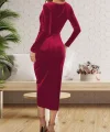 Kadın Uzun Kollu Kruvaze Yaka Belden Büzgü Detay Midi Kadife Elbise