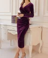 Kadın Uzun Kollu Kruvaze Yaka Belden Büzgü Detay Midi Kadife Elbise