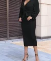 Kadın Uzun Kollu Kruvaze Yaka Belden Kuşaklı Midi Ithal Krep Elbise