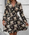 Kadın Uzun Kollu Kruvaze Yaka Beli Gipeli çiçek Desenli Kısa Dalgıç Elbise