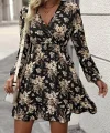 Kadın Uzun Kollu Kruvaze Yaka Beli Gipeli çiçek Desenli Kısa Dalgıç Elbise