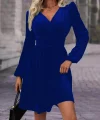Kadın Uzun Kollu Kruvaze Yaka Beli Lastikli Kiloş Kadife Elbise