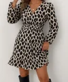 Kadın Uzun Kollu Kruvaze Yaka Desenli Mini Modal Elbise