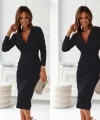 Kadın Uzun Kollu Kruvaze Yaka Diz Altı Scuba Krep Elbise
