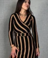 Kadın Uzun Kollu Kruvaze Yaka Kemer Dahil çizgili Triko Elbise
