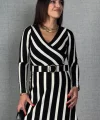 Kadın Uzun Kollu Kruvaze Yaka Kemer Dahil çizgili Triko Elbise