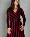 Kadın Uzun Kollu Kruvaze Yaka Kemer Dahil çizgili Triko Elbise