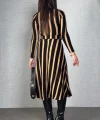 Kadın Uzun Kollu Kruvaze Yaka Kemer Dahil çizgili Triko Elbise