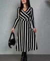 Kadın Uzun Kollu Kruvaze Yaka Kemer Dahil çizgili Triko Elbise