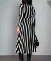 Kadın Uzun Kollu Kruvaze Yaka Kemer Dahil çizgili Triko Elbise