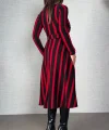 Kadın Uzun Kollu Kruvaze Yaka Kemer Dahil çizgili Triko Elbise