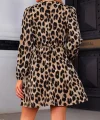 Kadın Uzun Kollu Kruvaze Yaka Kemerli Desenli Mini Leopar Elbise