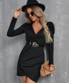 Kadın Uzun Kollu Kruvaze Yaka Kol Detaylı Ithal Krep Mini Elbise