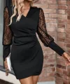 Kadın Uzun Kollu Kruvaze Yaka Kollar Tül Detay Krep Mini Boy Elbise