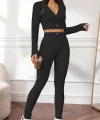 Kadın Uzun Kollu Kruvaze Yaka Krop şardonlu Kaşkorse Bluz Ve Tayt Ikili Takım