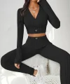 Kadın Uzun Kollu Kruvaze Yaka Krop şardonlu Kaşkorse Bluz Ve Tayt Ikili Takım