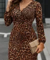 Kadın Uzun Kollu Kruvaze Yaka Leopar Desen Mikro Elbise