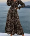 Kadın Uzun Kollu Kruvaze Yaka Leopar Desenli Uzun Süprem Elbise