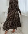 Kadın Uzun Kollu Kruvaze Yaka Leopar Desenli Uzun Süprem Elbise