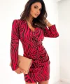 Kadın Uzun Kollu Kruvaze Yaka ön Kısım Büzgülü Zebra Desen Dalgıç Elbise