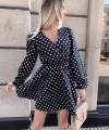 Kadın Uzun Kollu Kruvaze Yaka Puantiyeli Desen Krep Mini Boy Elbise